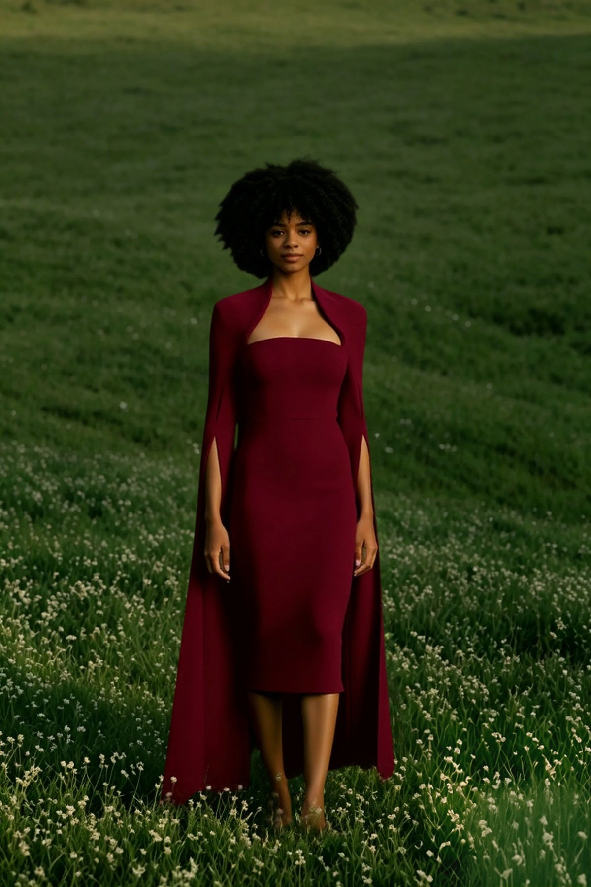 Square Neck Floor Length Cape Sleeve Bodycon Midi Dress