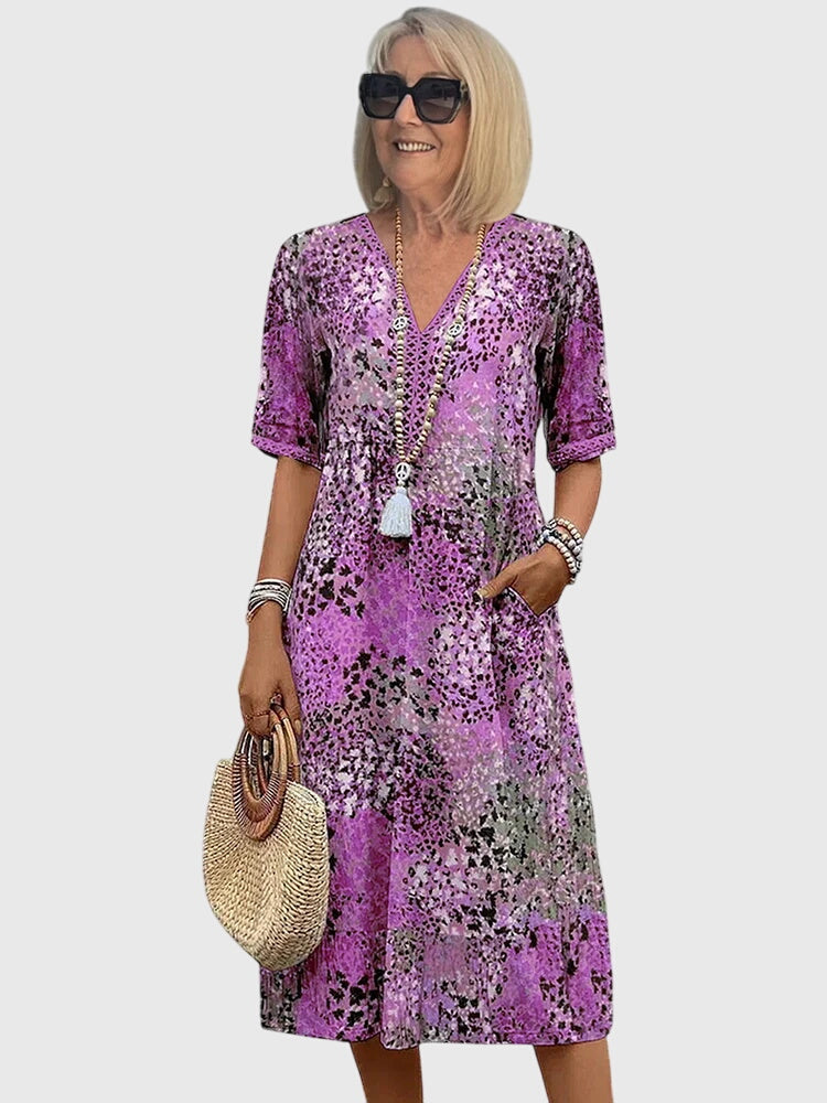 Abstract Print V-Neck Short Sleeve Midi Dress