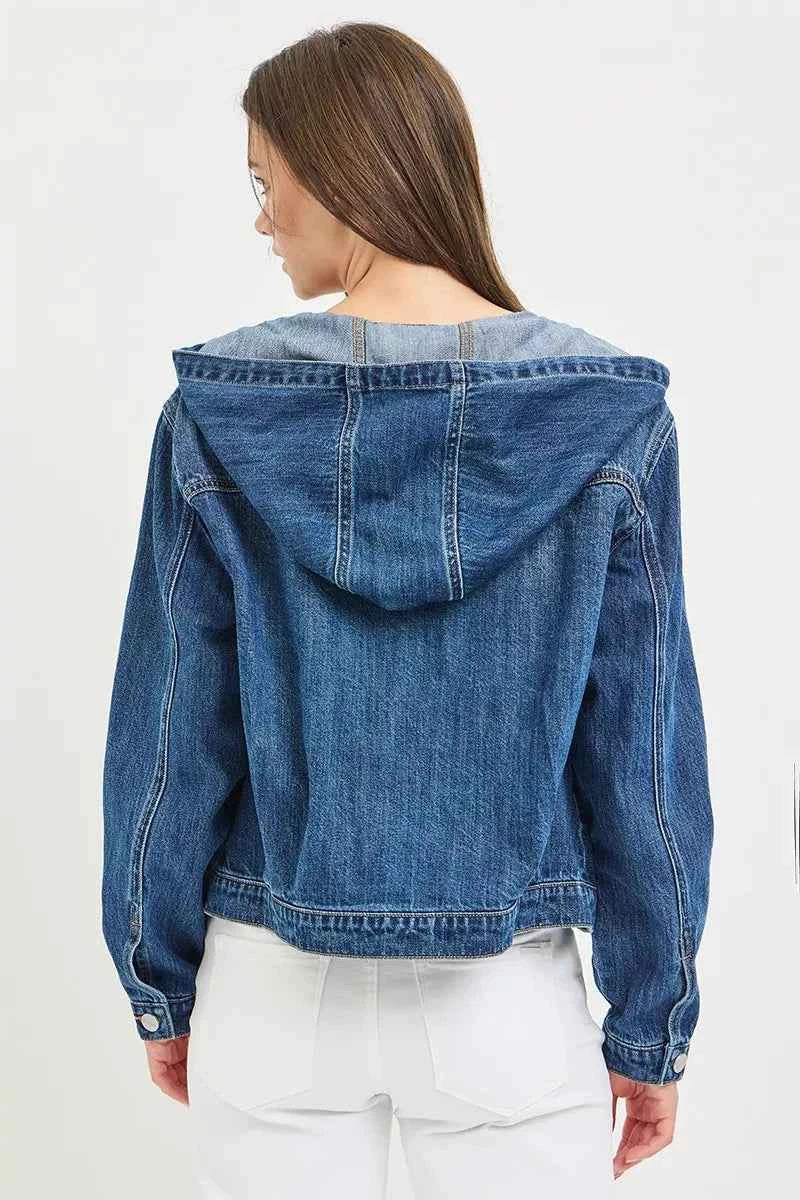 Hooded Drawstring Button Front Chest Pocket Denim Jacket 3