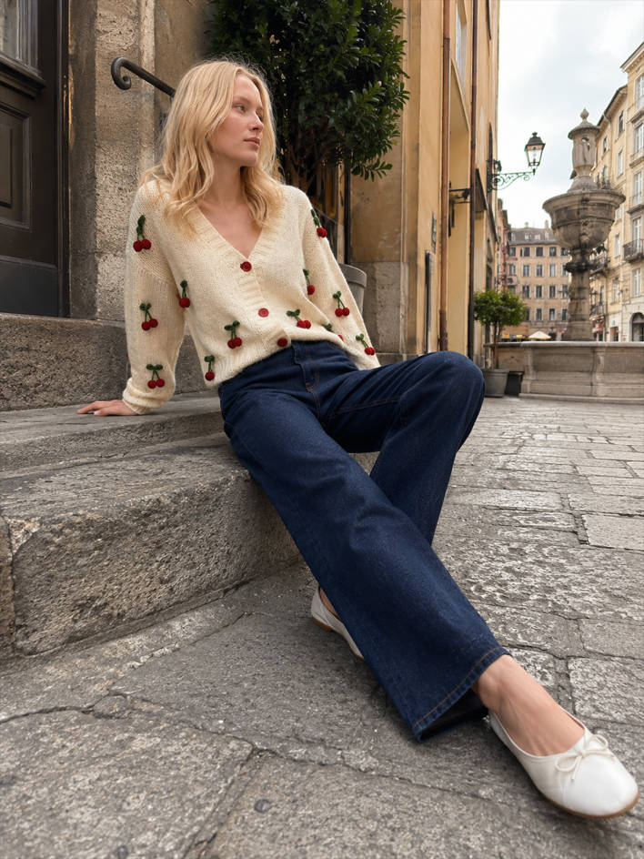 Cherry Embroidered Knit Cardigan Sweater