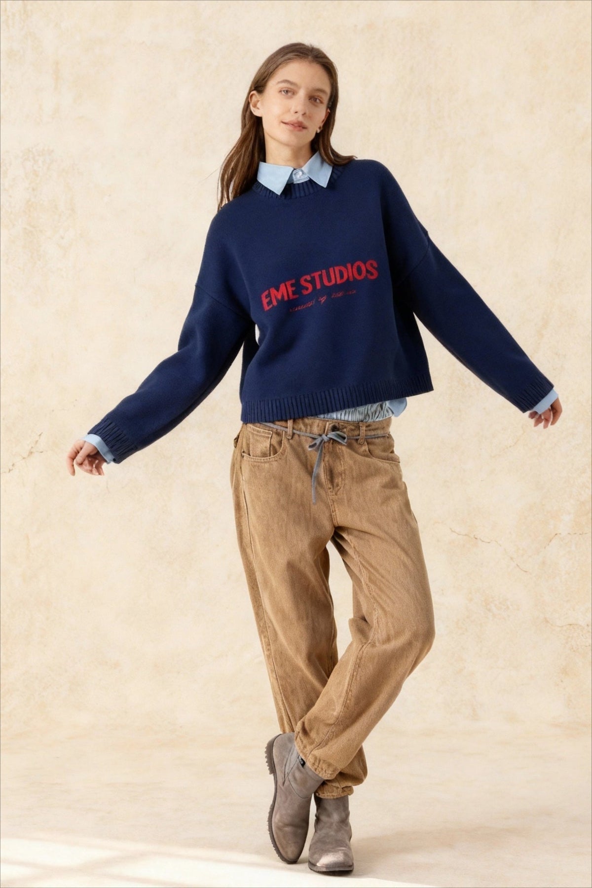 Crew Neck Long Sleeve Letter Graphic Ribbed Trim Knit Sweater 4