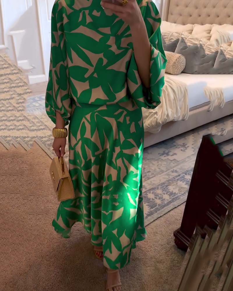 Abstract Print Lantern Sleeve Top and Midi Skirt Two Piece Set