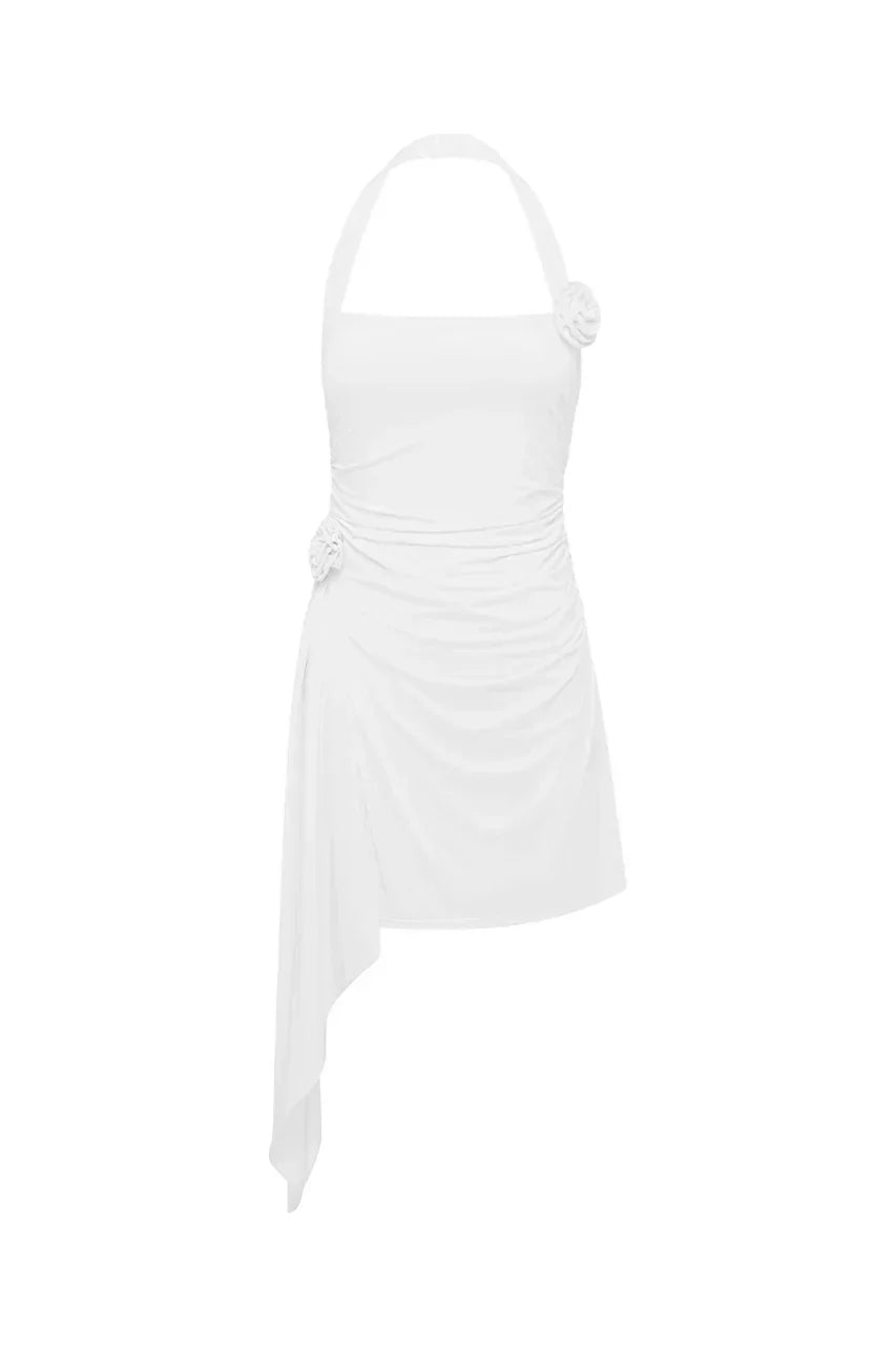 Square Neck Halter Rosette Ruched High Split Asymmetric Mini Dress 6