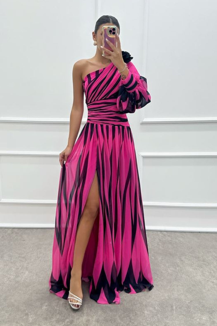 One Shoulder Puff Sleeve Ruched Waist Pleated High Split Maxi Gown