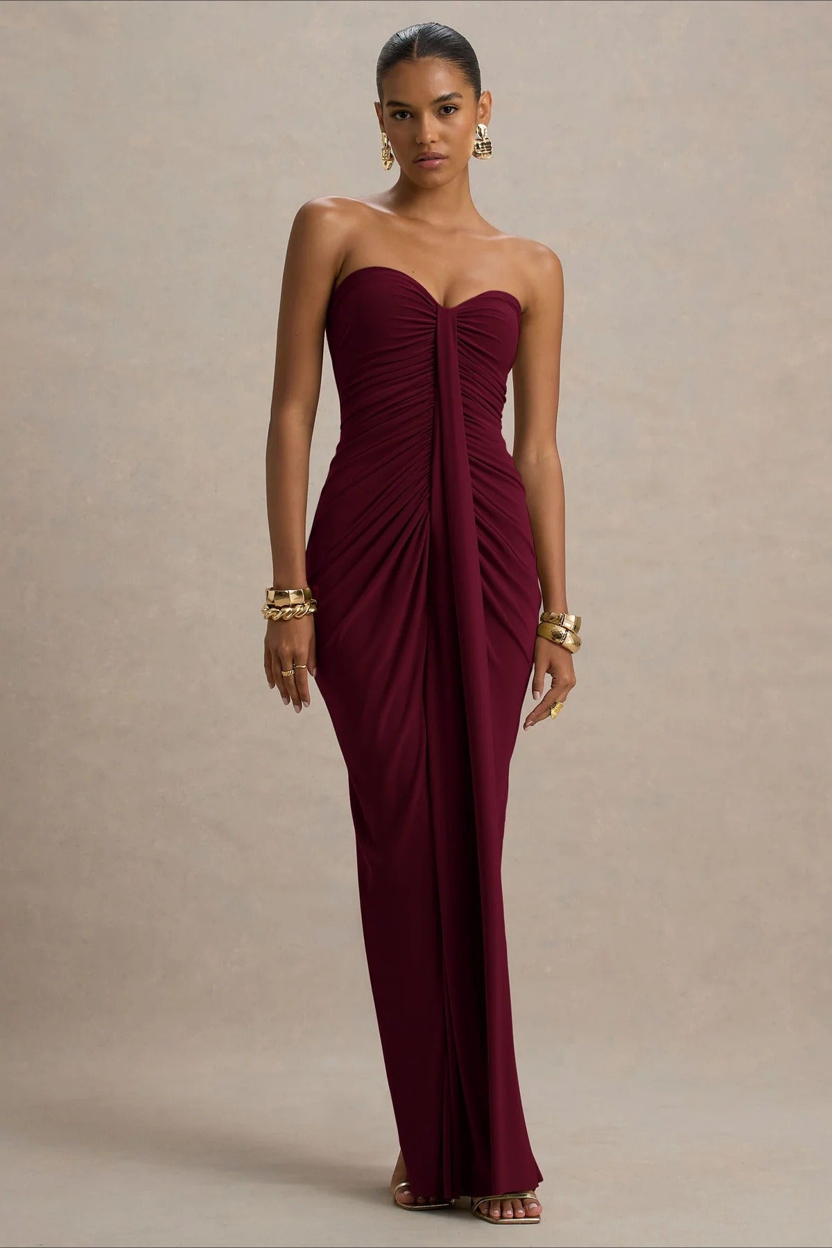 Strapless Sweetheart Ruched Center Drape Panel Column Maxi Formal Gown