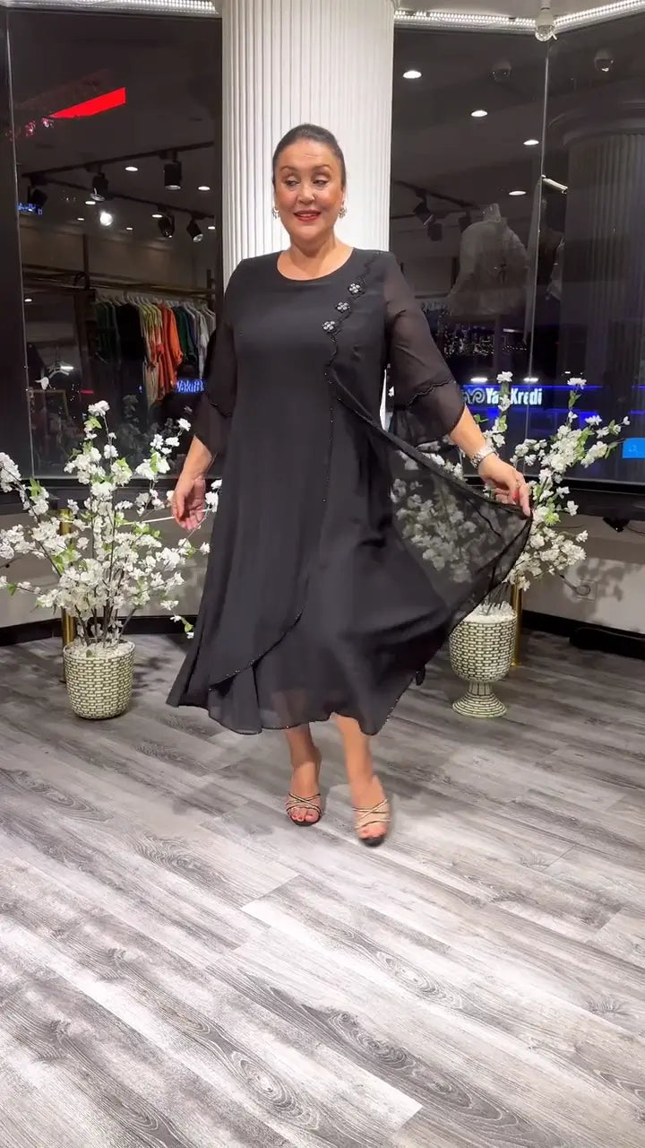 Crew Neck Three Quarter Sleeve Floral Applique Chiffon A-Line Midi Dress