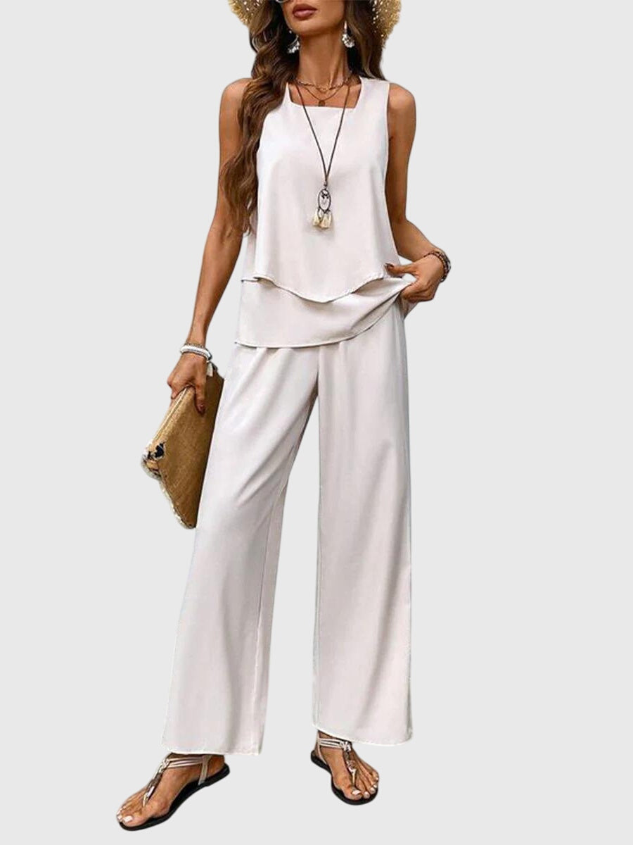 Sleeveless Top and Leaf Print Wide Leg Pants Two Piece Set