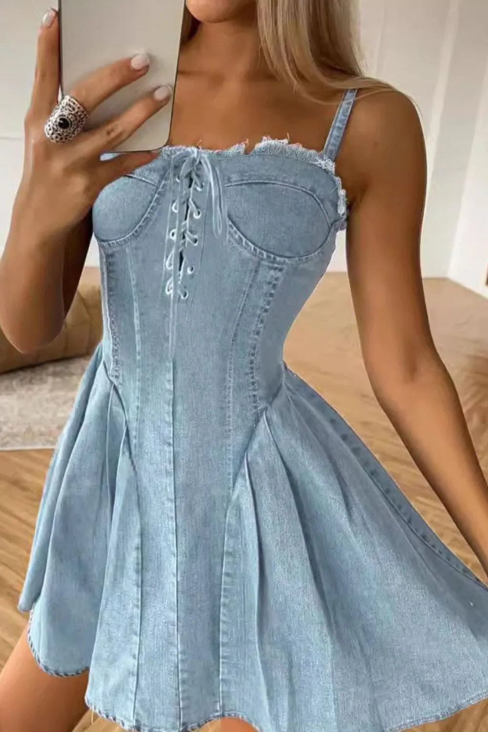 Lace Up Denim Cami Dress Light Blue