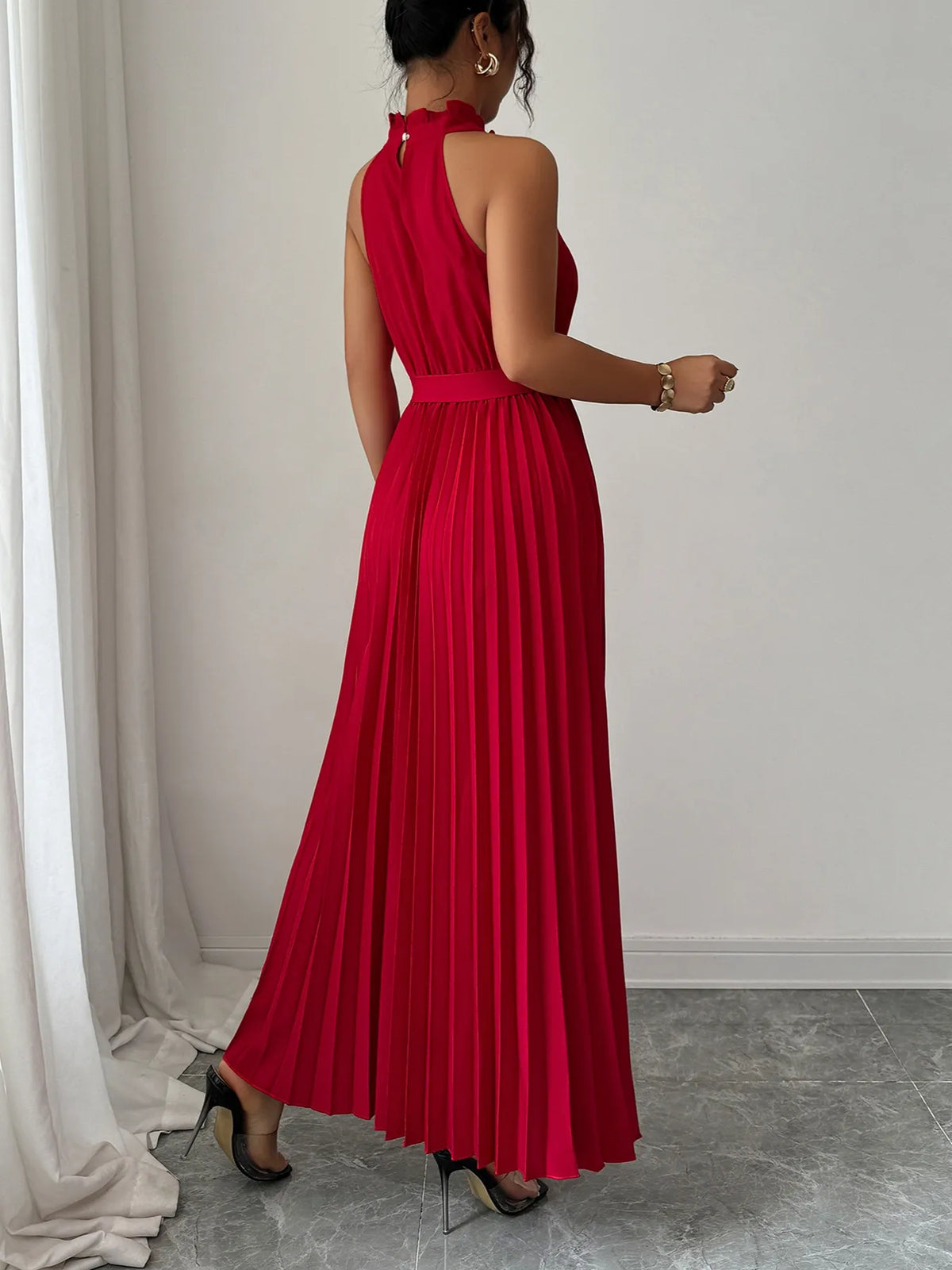 Pleated Halter Neck Tie Waist Maxi Dress