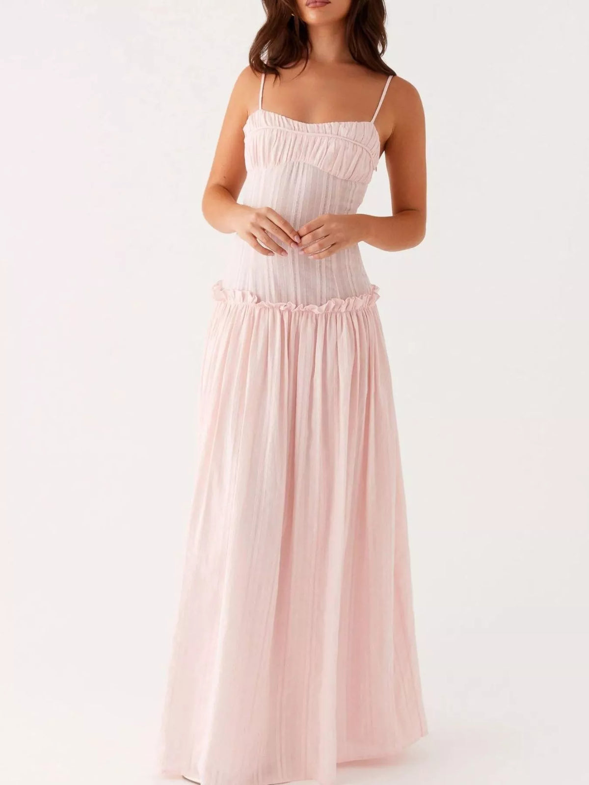 Ruched Bust Drop Waist Ruffle Trim Cami Maxi Dress 13
