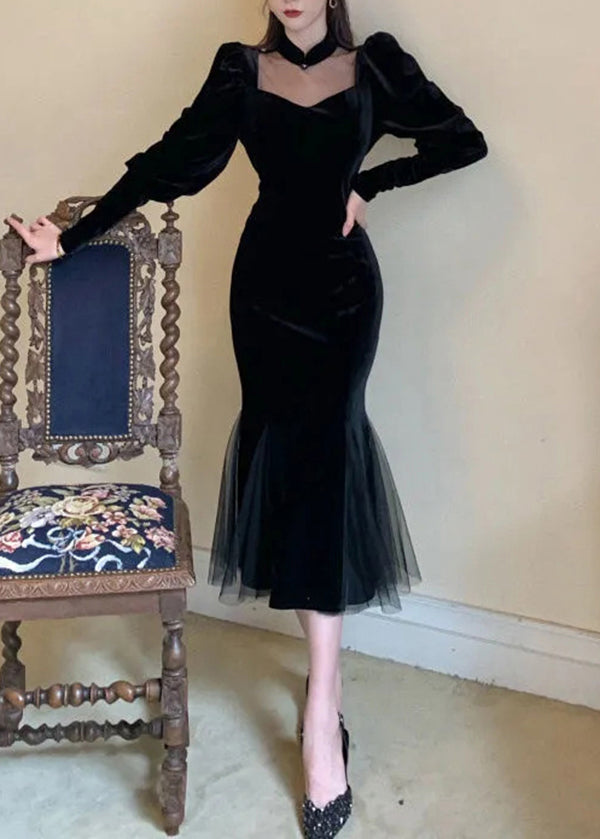 Velvet Sweetheart Choker Collar Puff Sleeve Mesh Panel Mermaid Gown