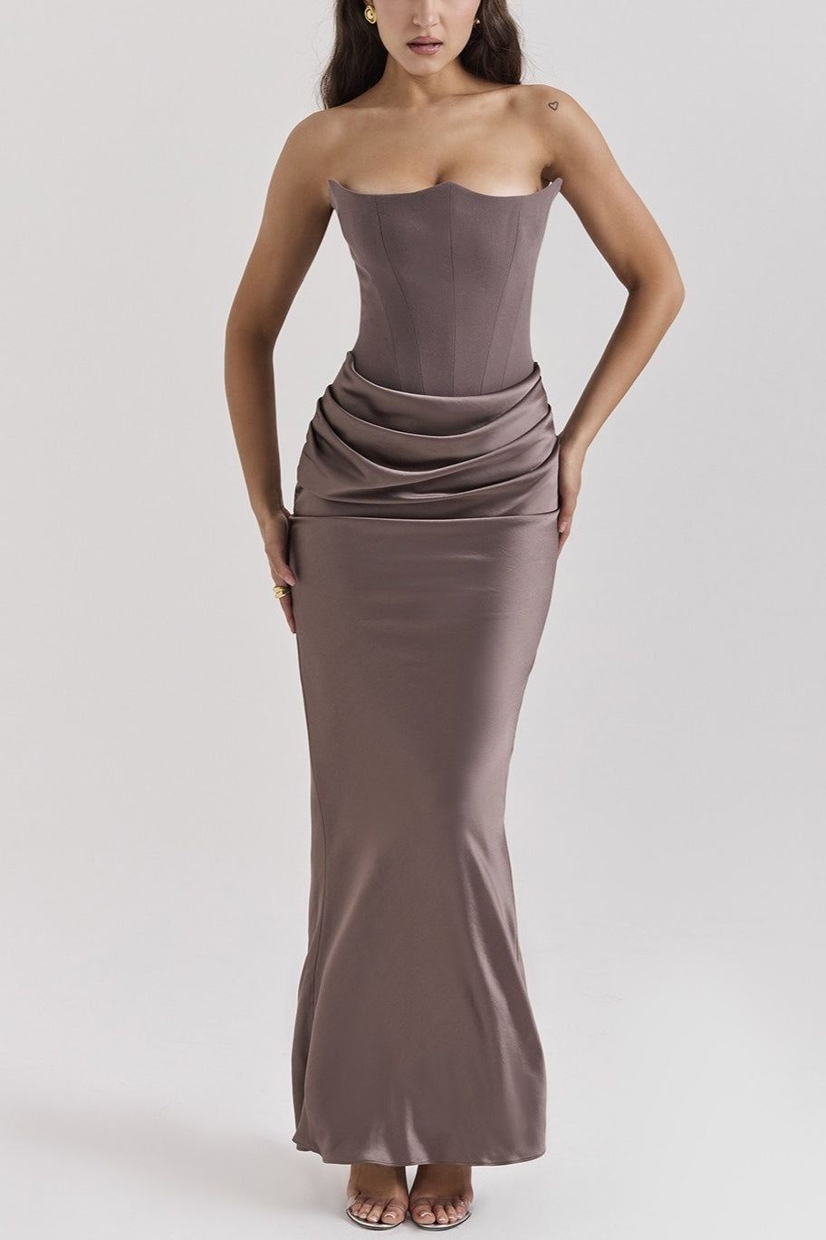 Strapless Corset Draped Satin Mermaid Maxi Gown - View 15