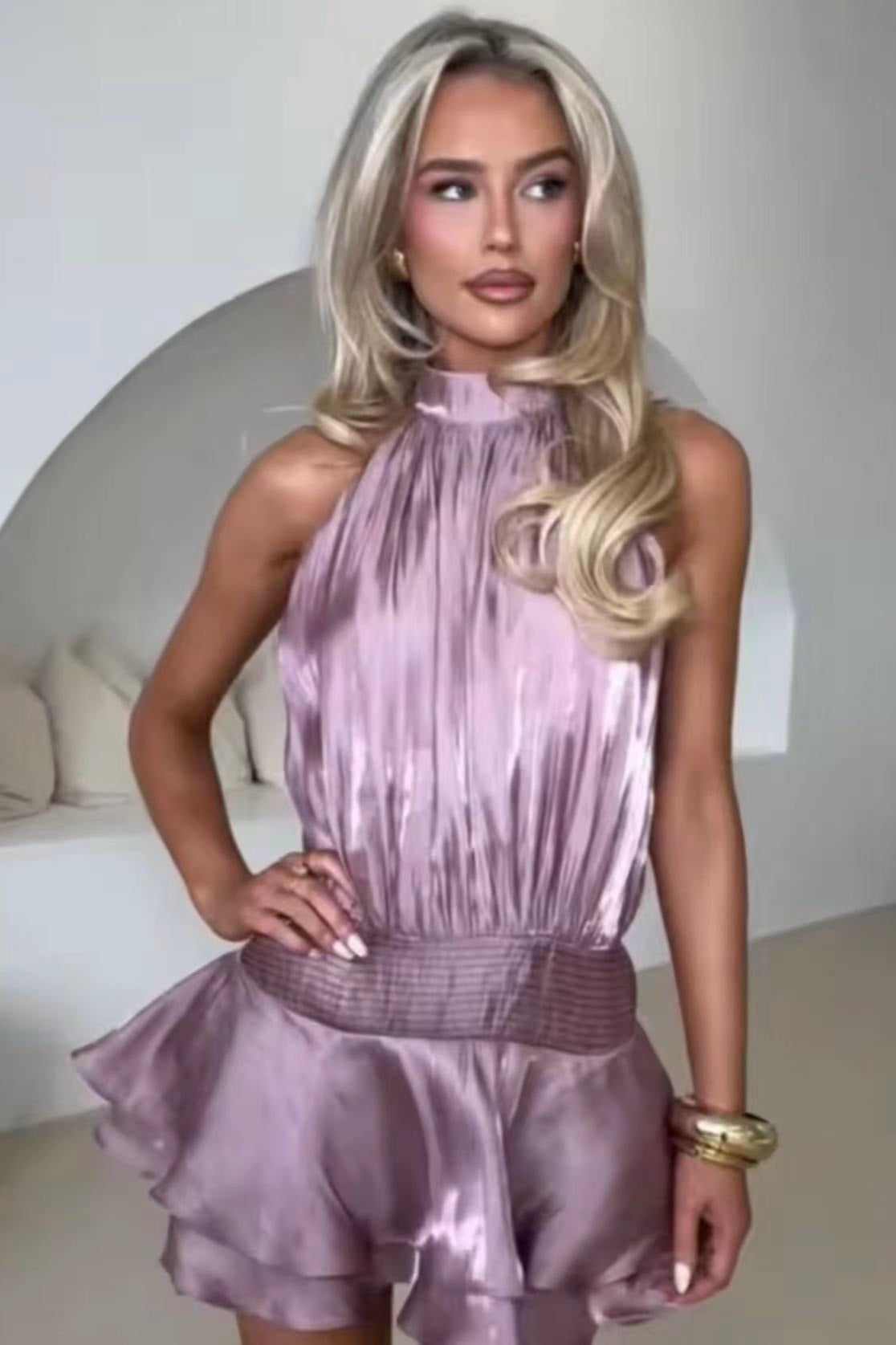 Satin Halter Neck Ruched Ruffle Hem Mini Dress