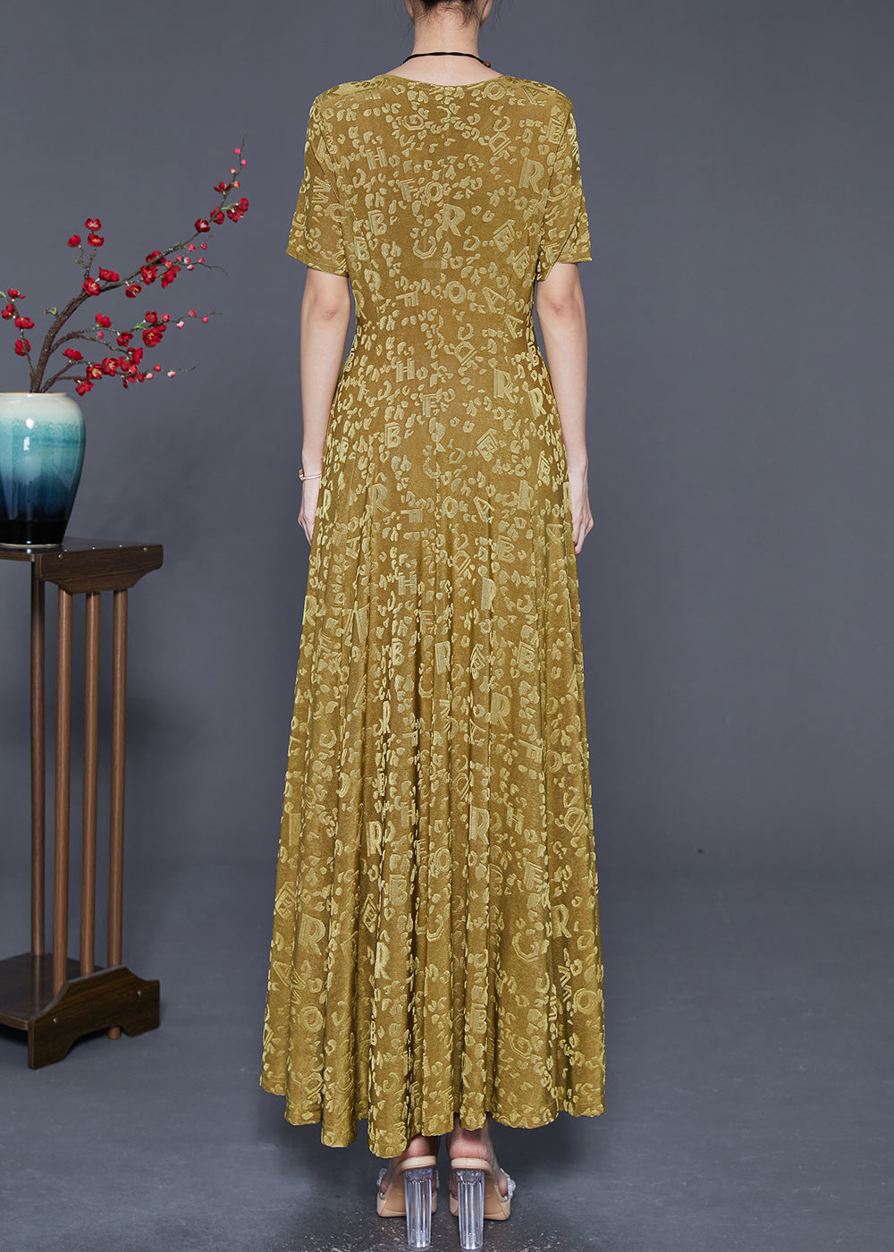 Jacquard Letter Print Scoop Neck Short Sleeve A-Line Maxi Dress