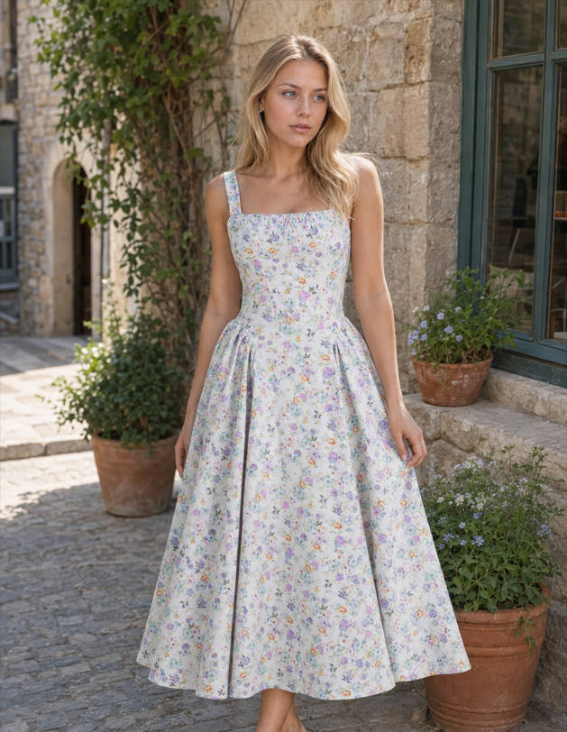 Floral Square Neck Sleeveless Fit and Flare Midi Dress 4