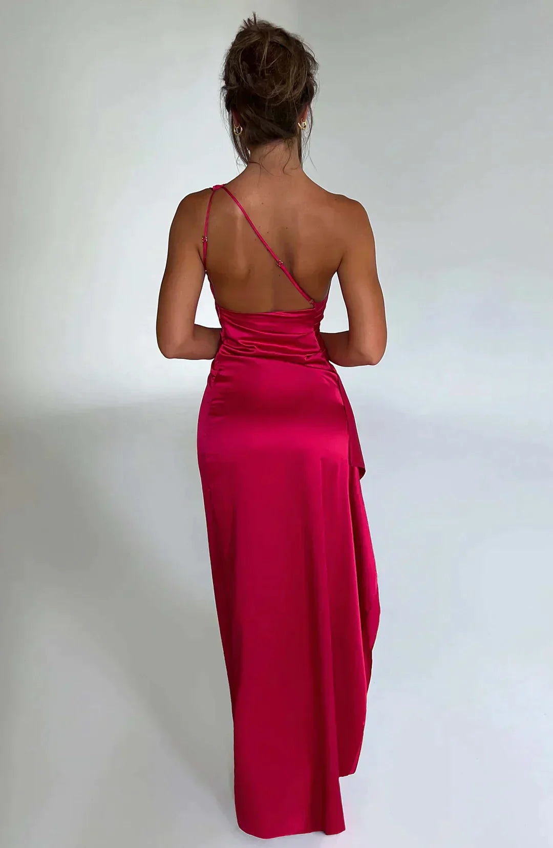 Satin One Shoulder Ruched Slit Ruffle Trim Maxi Formal Dress