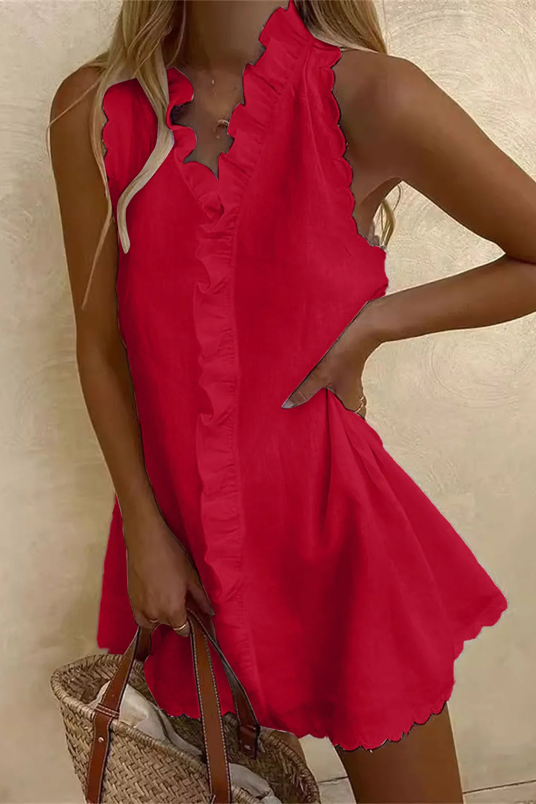 V-Neck Ruffle Cotton Linen Mini Dress