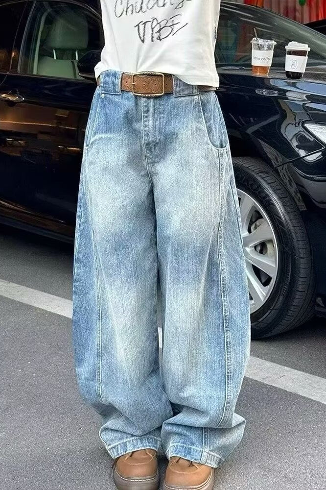 Curved Cut Wide Leg Distressed Jean