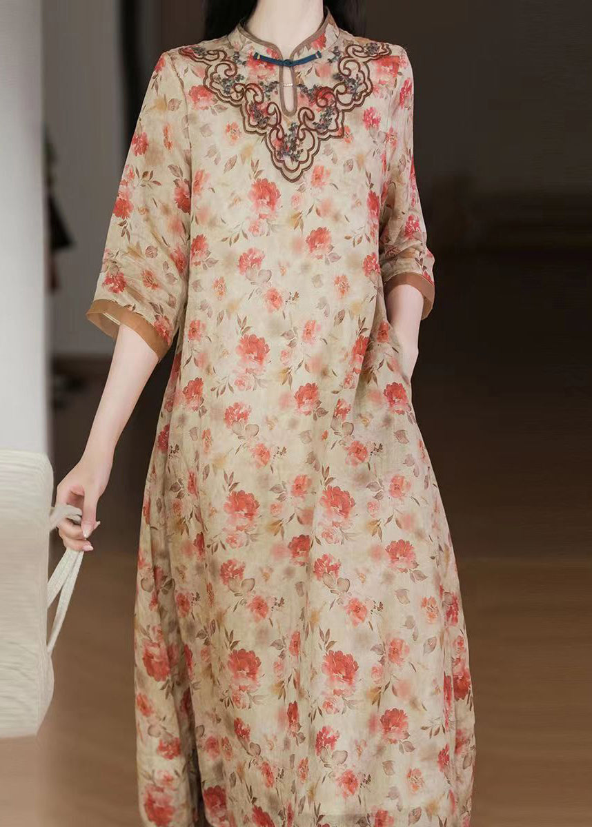 Floral Print Mandarin Collar Frog Button Chest Embroidery 3/4 Sleeve Midi Dress