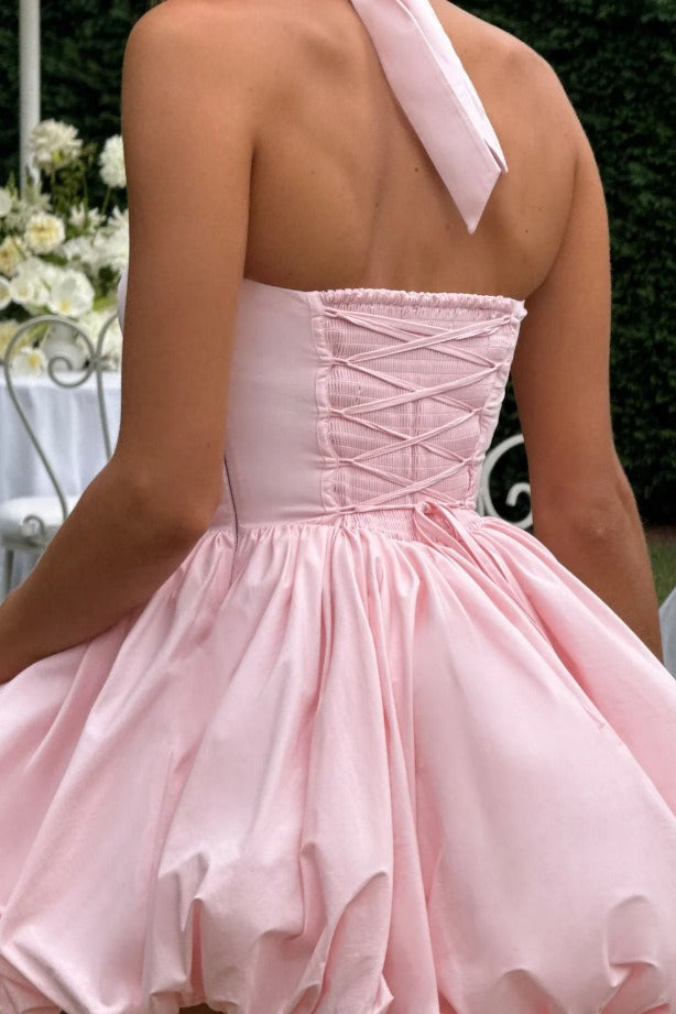 Halter Neck Backless Corset Bubble Hem Mini Dress