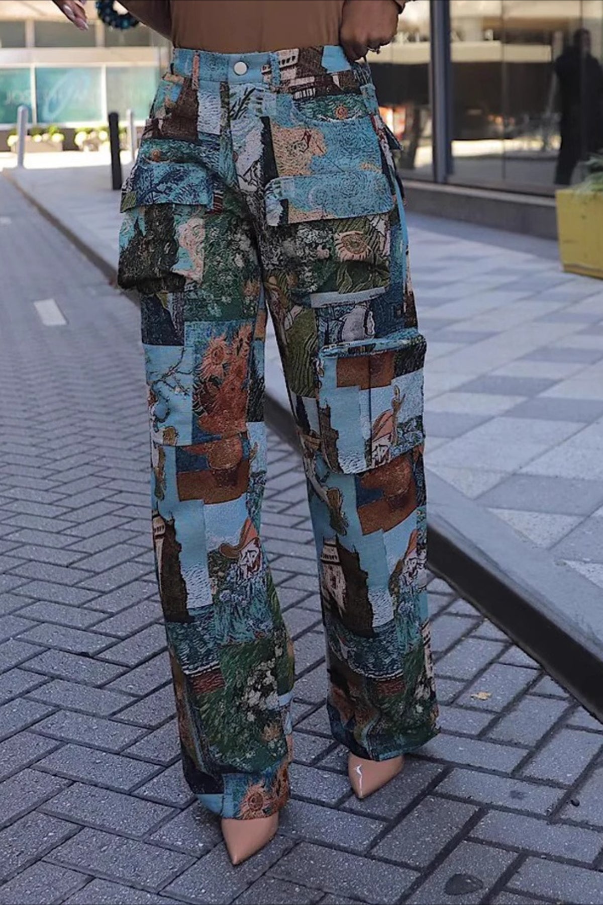 Tapestry Patchwork Print Multi Pocket Straight Leg Cargo Pants