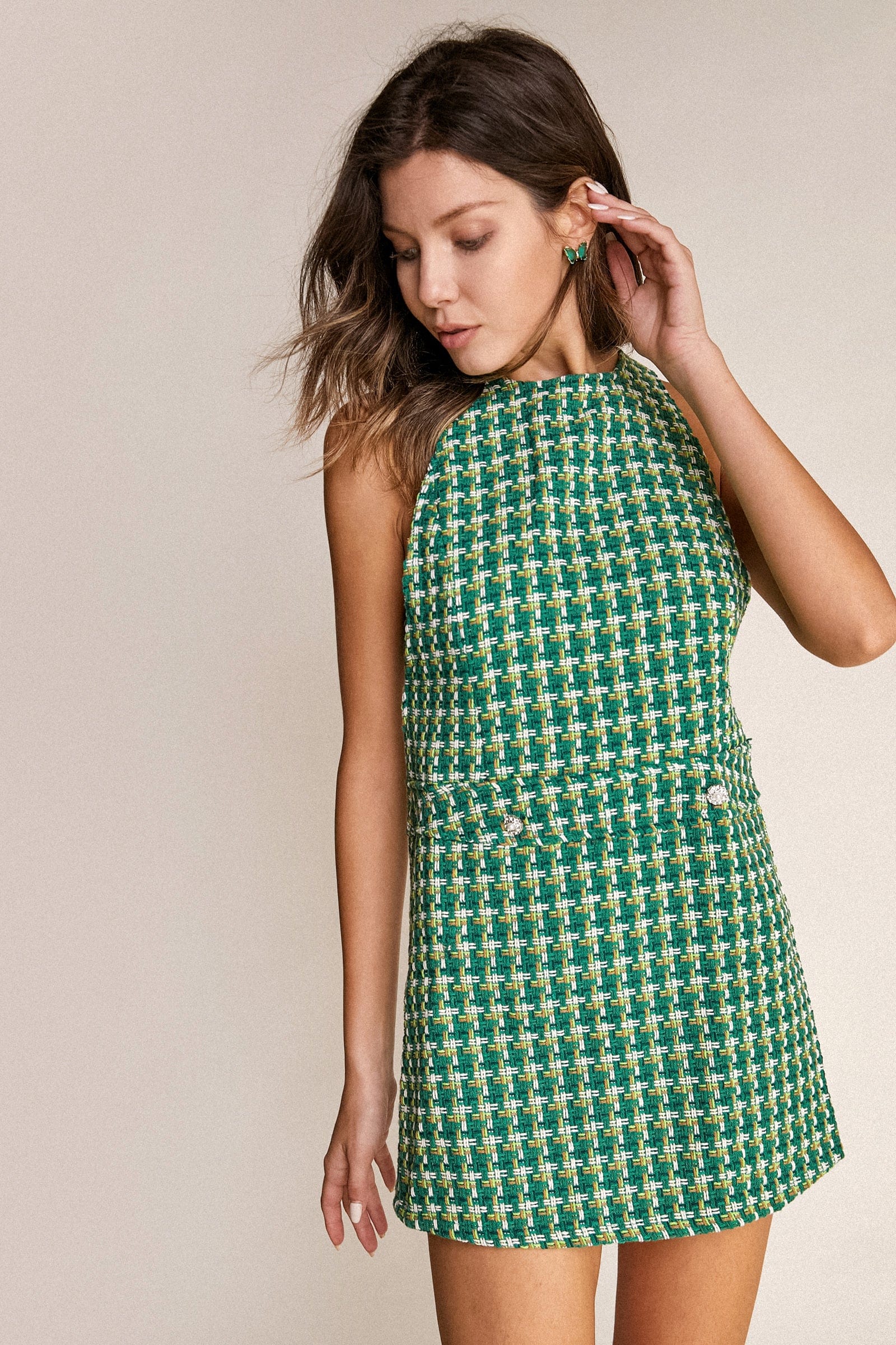 Checkered Plaid Tweed Sleeveless Mini Dress