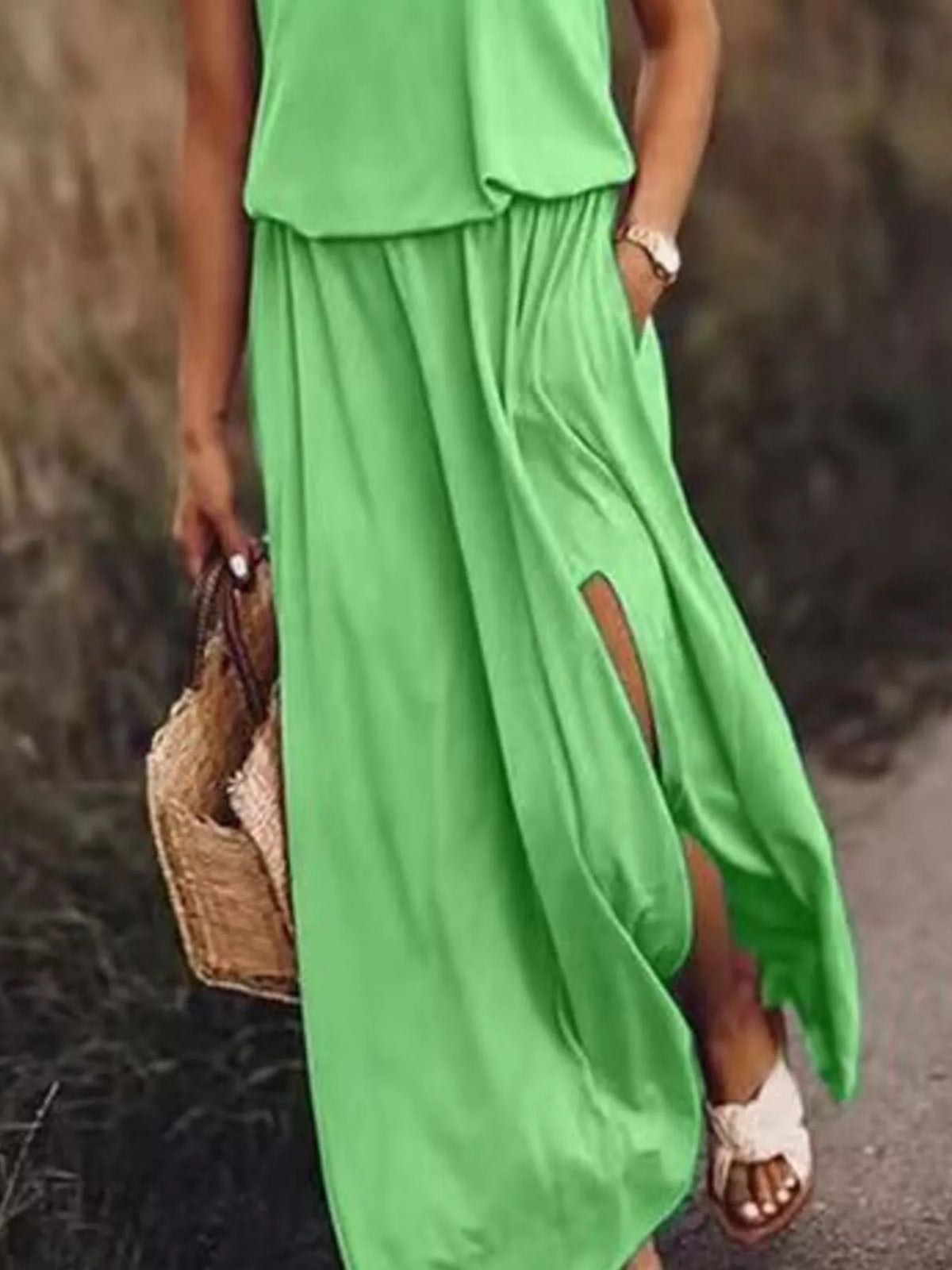 Round Neck Sleeveless Slit Maxi Dress