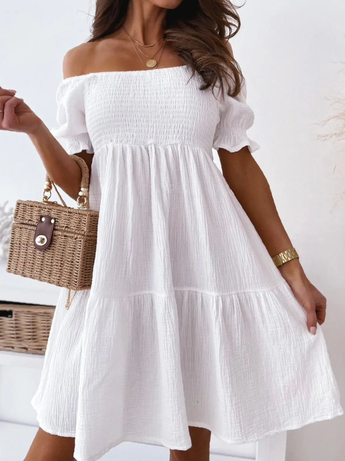 Textured Off Shoulder Smocked Puff Sleeve Tiered Midi Dress