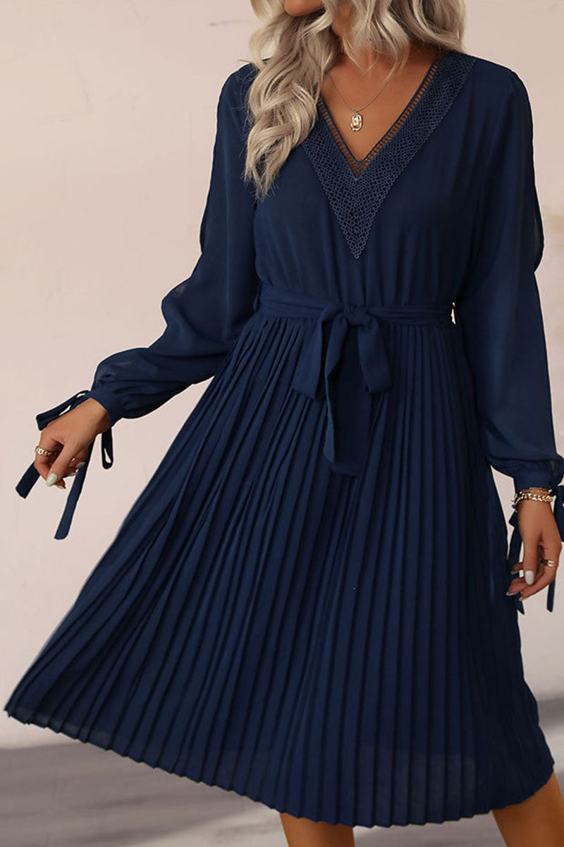 Chiffon Lace Insert V-Neck Cold Shoulder Tie Cuff Long Sleeve Belted Pleated Midi Dress