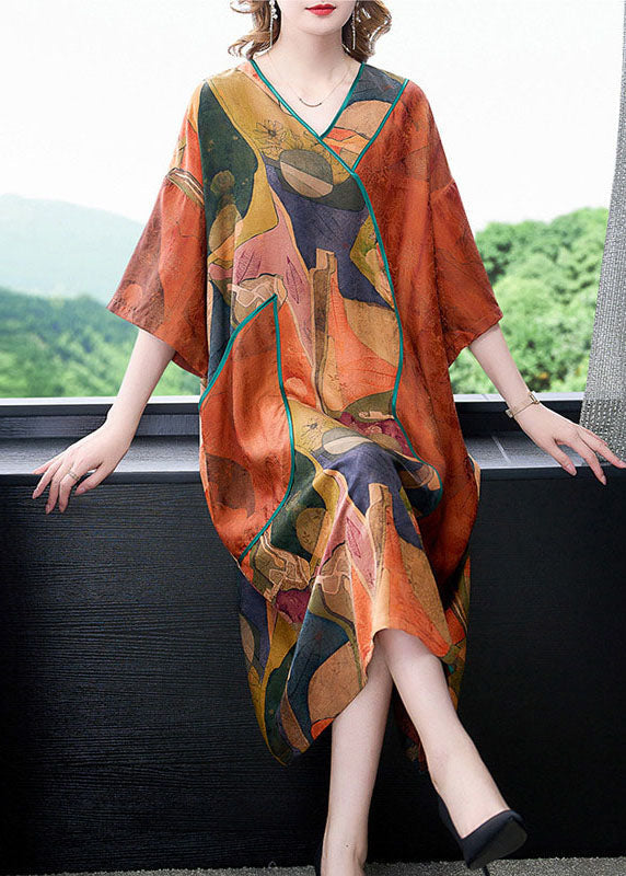 Abstract Print V-Neck Kimono Sleeve Piped Pocket Midi Shift Dress
