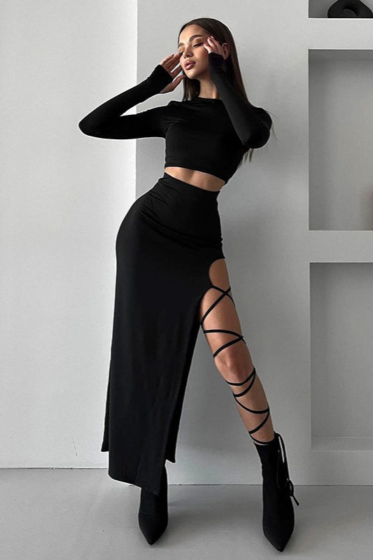 Crew Neck Long Sleeve Crop Top and Lace Up High Split Maxi Skirt Two Piece Set