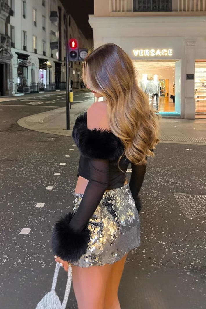 Fuzzy Off Shoulder Mesh Long Sleeve Asymmetrical Crop Top