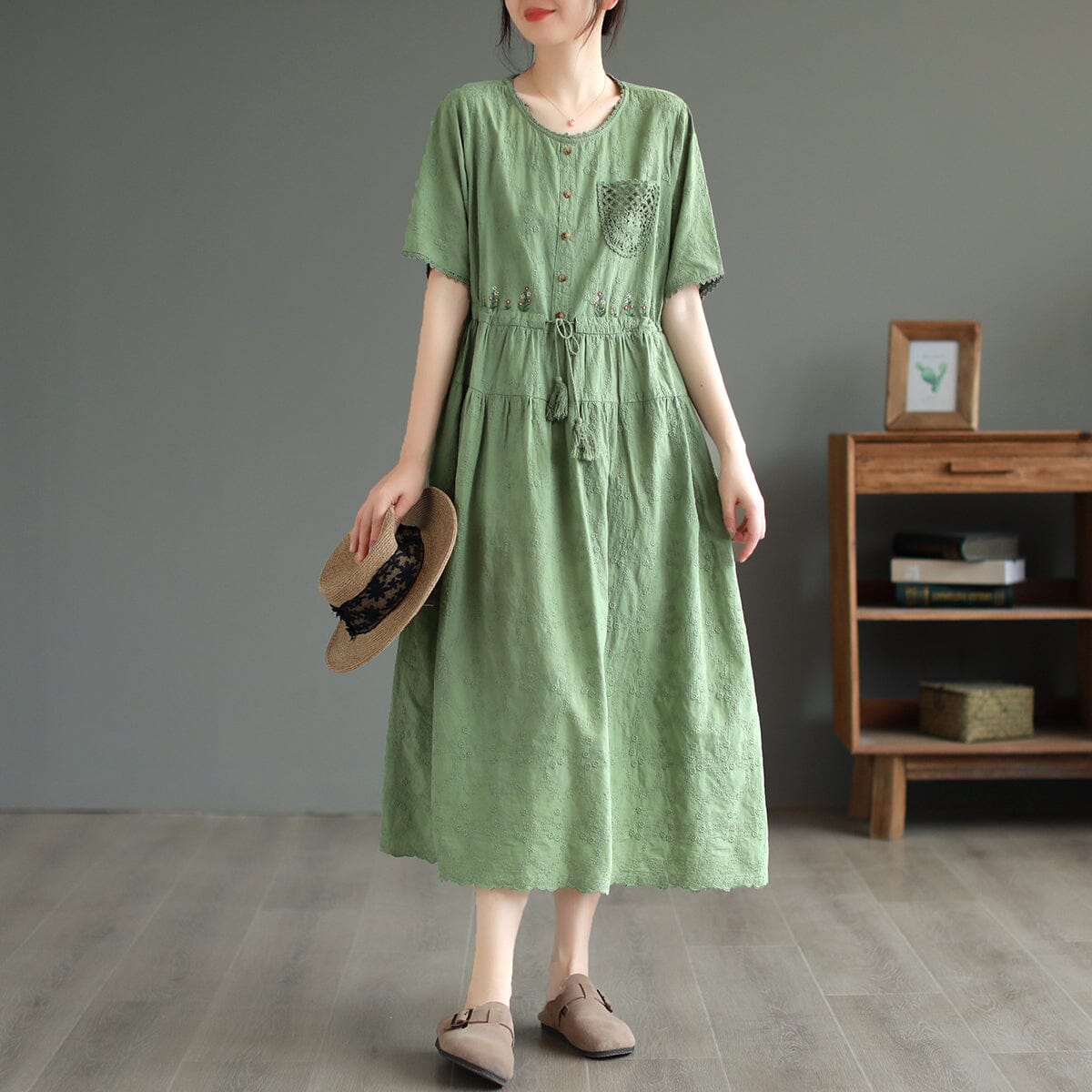 Embroidered Floral Scallop Trim Button Front Drawstring Waist Tiered Midi Dress