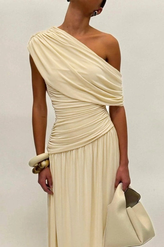 One Shoulder Ruched Draped Flowy Maxi Dress