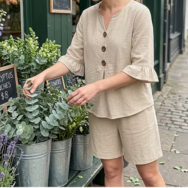 Button Front Ruffle Sleeve Top and Shorts Two Piece Set