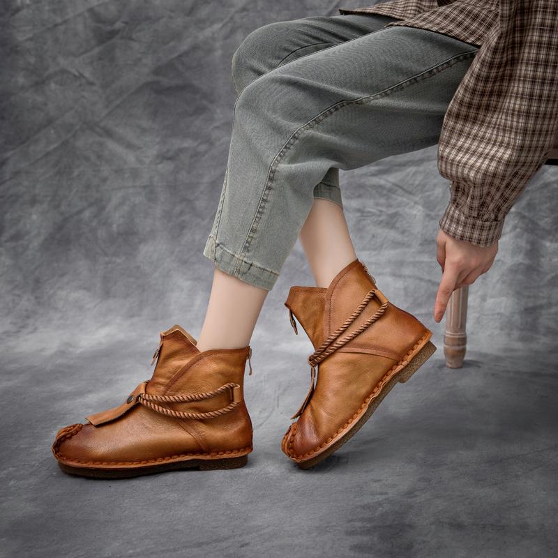 National Style Leather Short Boots For Women Rope Decoration Green/Brown