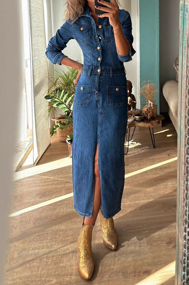Fashionable ButtonUp Long Sleeve Denim Dress