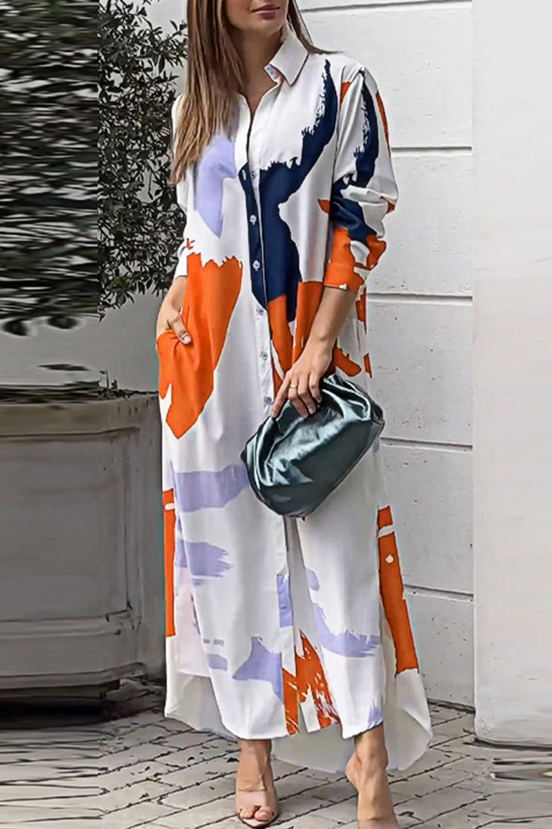 Collared Button Front Long Sleeve Pocket Slit Maxi Shirt Dress