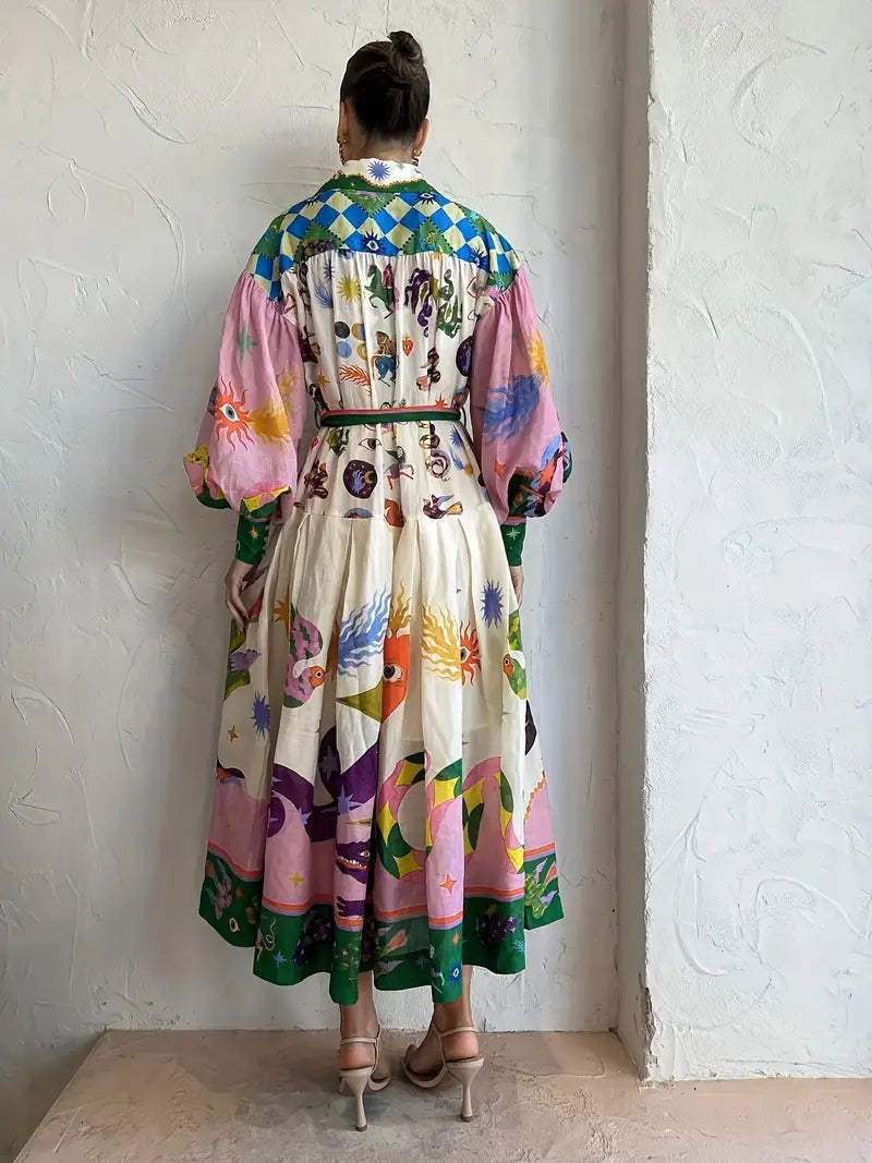 Collar Button Front Balloon Sleeve Tie Waist Printed Maxi Summer Dress