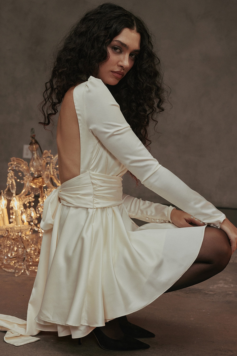 Satin Mock Neck Long Sleeve Open Back Bow Tie Skater Mini Dress 2