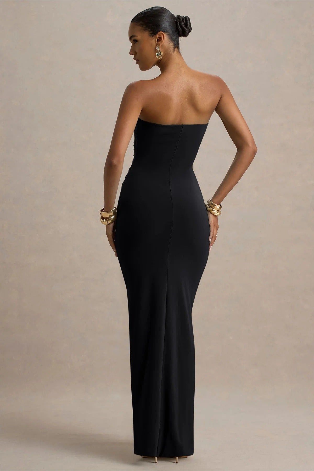 Strapless Sweetheart Ruched Center Drape Panel Column Maxi Formal Gown