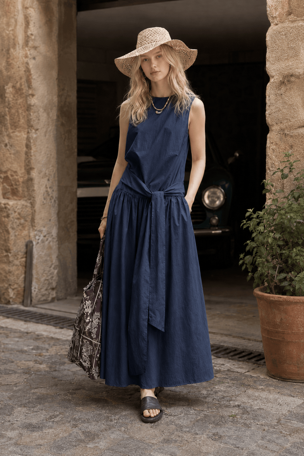 Sleeveless Round Neck Tie Waist Gathered Maxi Summer Dress 6
