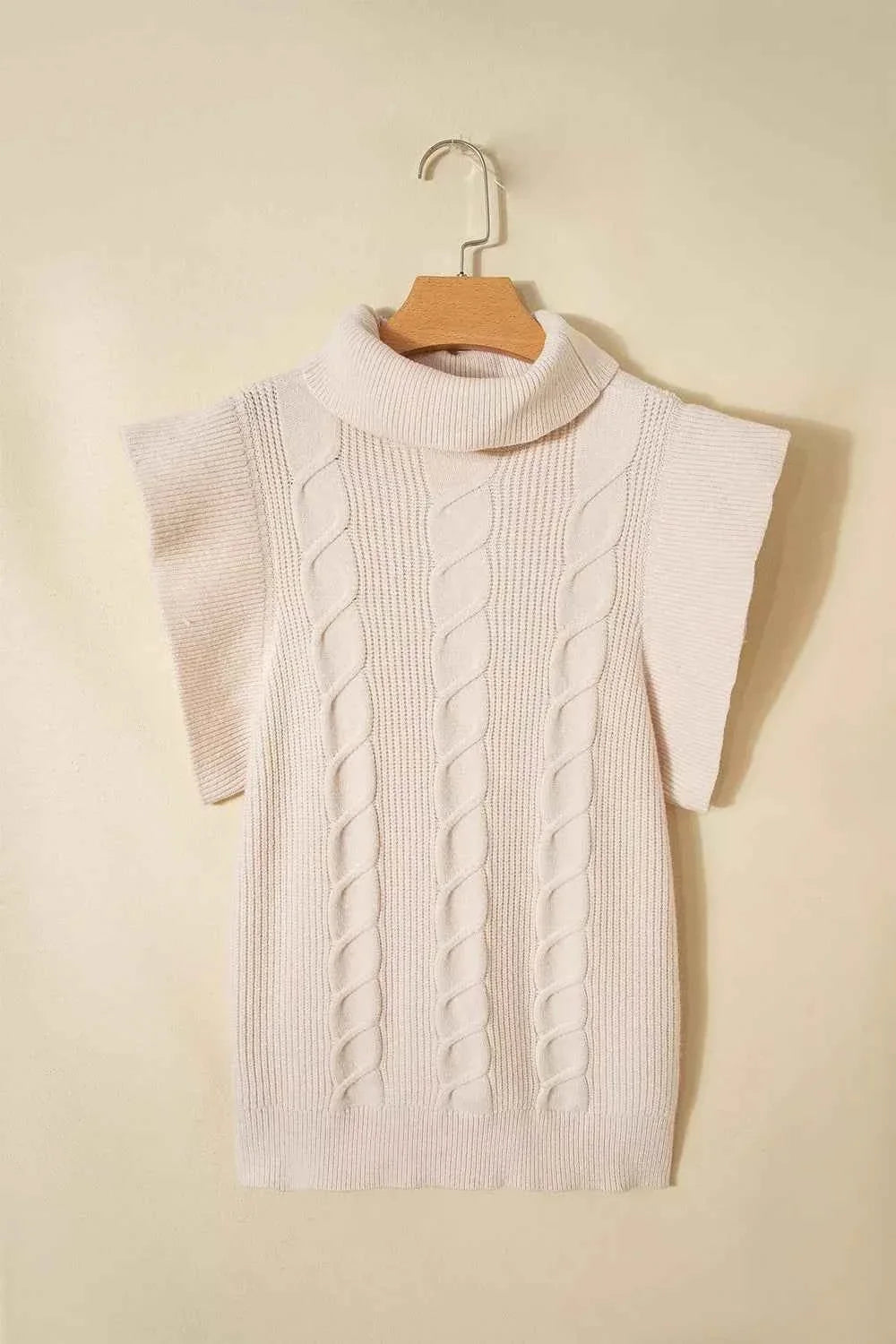 Cable Knit Turtleneck Ruffled Short Sleeve Sweater