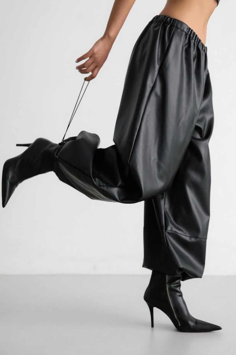Drawstring PU Harem Loose Tapered Pants