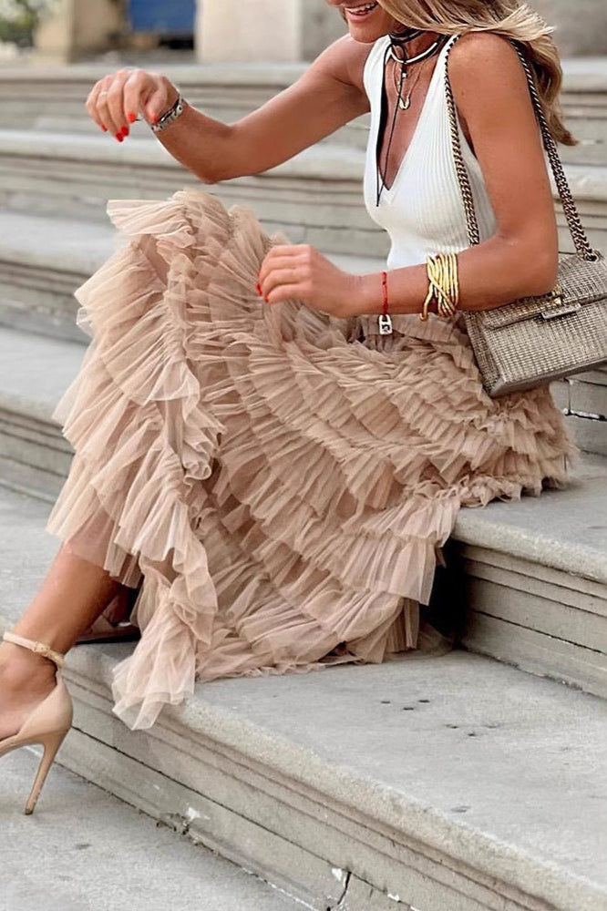 High Waist Tiered Ruffle Tulle Mesh A-Line Maxi Skirt 4