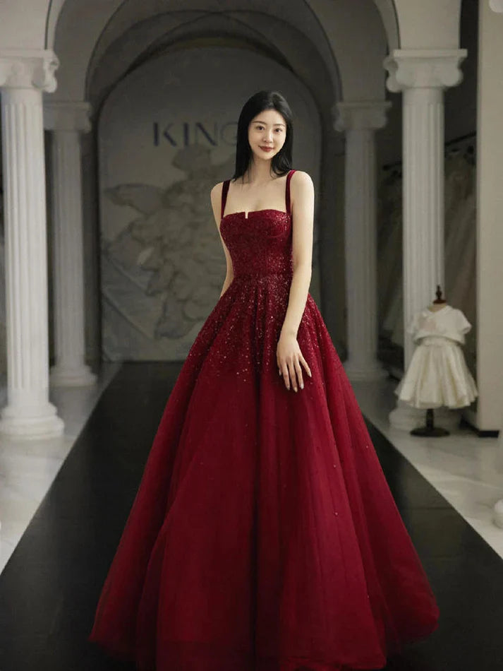 Burgundy Prom Dresses A Line Straps Tulle Evening Dresses
