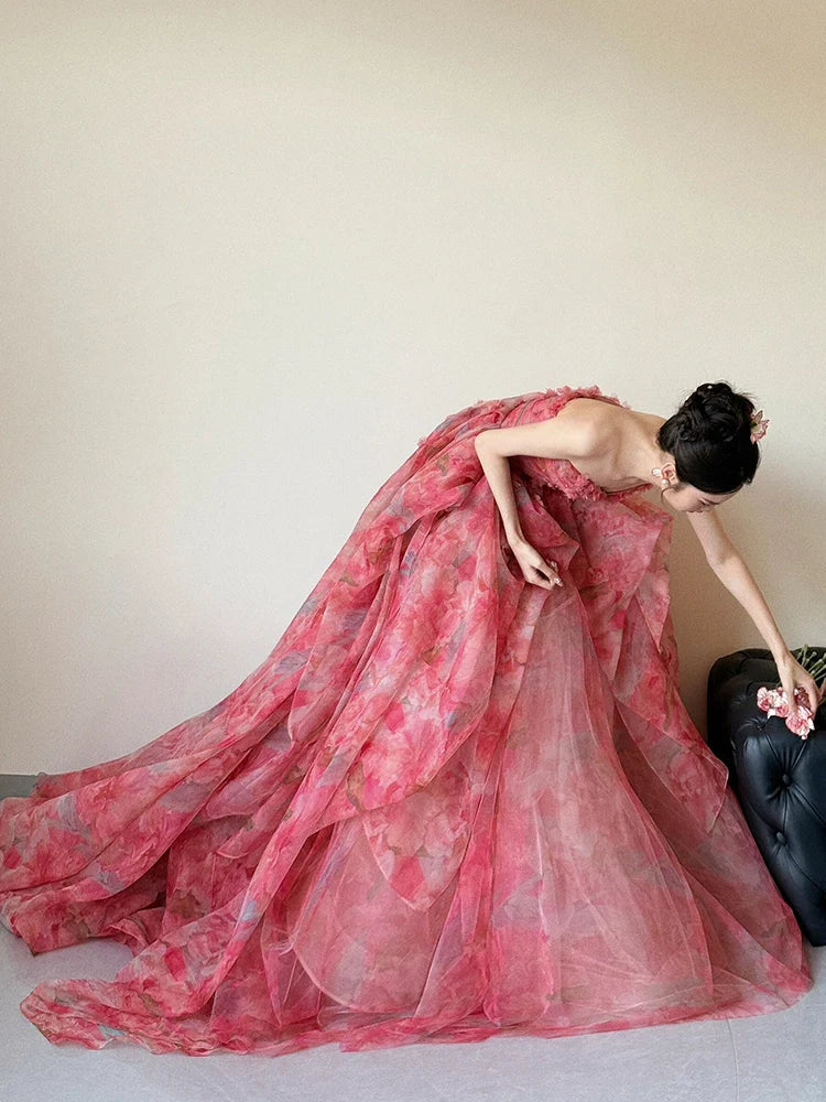 A Line Strapless Floral Print Long Prom Dress Sexy Evening Dresses   fg7660