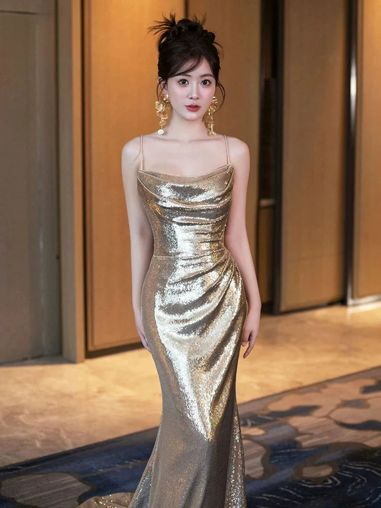 Gold Sequin Mermaid Long Prom Dress Sexy Evening Dresses   fg7667