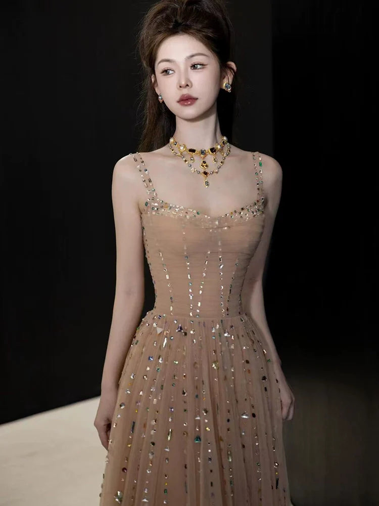 A Line Champagne Long Prom Dress Sexy Evening Dresses   fg7663