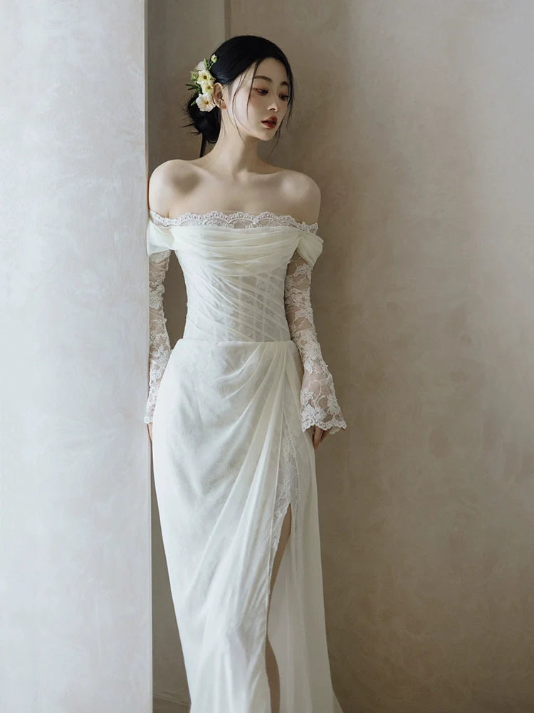 Off Shoulder Lace Long Wedding Dress Evening Party Dresses